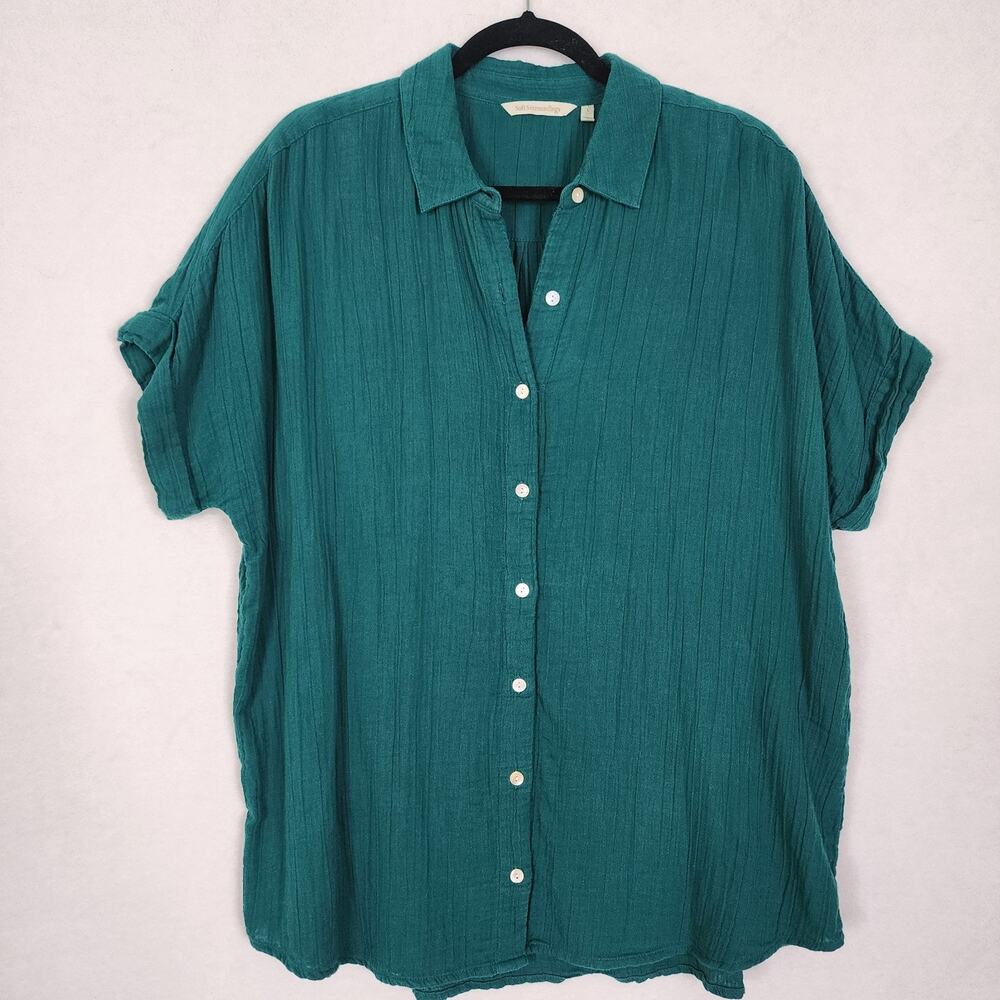 Soft Surroundings Short Sleeve 100% Gauze Cotton Green Button Down Shirt Size L